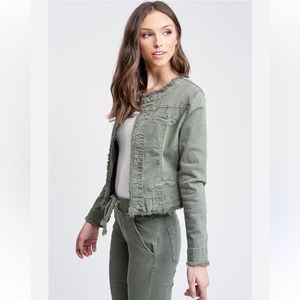 Denim Jean Jacket Fringe Denim Jacket  Army Faded Green Grey from Charlie B